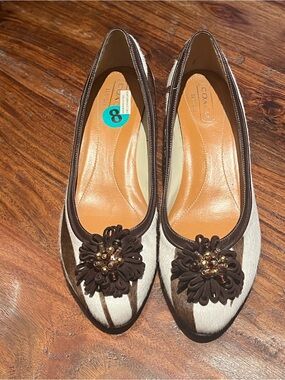 COACH Brown & Cream Zebra Striped Floral Appliqué kitten heels